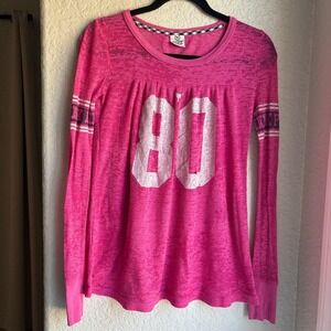 Y2K Victoria's Secret Graphic Thermal Top Pink Waffle Knit Babydoll Long Sleeve